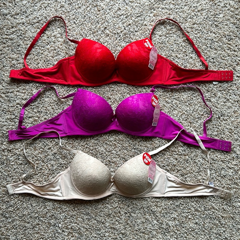 Mamia brand push up bras, size 36C, bundle of 3; ivory, purple, and red